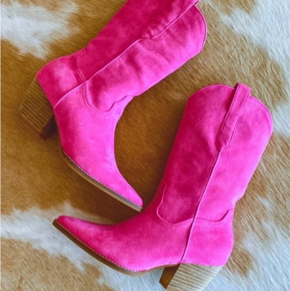NanaMacs Shoes - Boho Western Barbie Hot Pink Dolly Suede Mid Calf Ankle Booties Boots | size 8